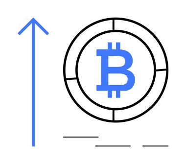 Dairesel bir elementin içindeki bitcoin logosu, kripto para birimi büyümesini, finansal ilerlemeyi ve yatırım eğilimlerini simgeleyen cesur bir ok. Engelleme zinciri, fintech, ticaret, büyüme ve dijital için ideal