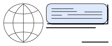 İletişim ve bilgi alışverişini sembolize eden bir metin bloğunun yanında şebeke tarzı bir küre. Küresel iletişim, veri paylaşımı, ağ paylaşımı, eğitim, uluslararası ulaşım, teknoloji, basit