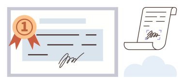 İmzalı belge, imza ve mühür ile birlikte imzalı belge parşömeni ve bulutlar. Başarı, başarı, takdir, eğitim, sertifika, başarı motivasyonu için idealdir. Basit düz