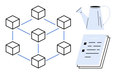 Satırlarla, sulama kutusuyla ve birikmiş belgelerle birbirine bağlı küp ağları. Engelleme zinciri, teknoloji, yenilik, büyüme, planlama geliştirme stratejisi için idealdir. Basit düz metaforu temsil eder