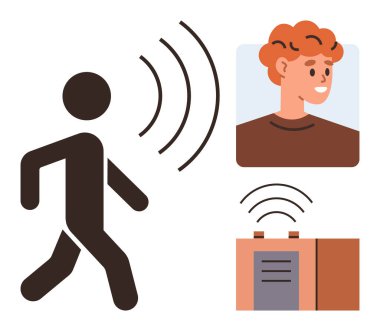 İletişim, yüz portresi ve radyo vericisi sinyallerini sembolize eden kişi ve ses dalgası. Ağ kurmak için ideal, teknoloji, ses, bağlantı, iletişim, insan etkileşimi basit