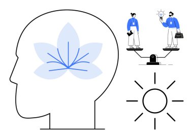 Baş hatları çiçek açan, çözümleri dengeleyen iki birey ve parlayan bir güneş. Zihinsel sağlık, yaratıcılık, denge, yenilik, pozitif büyüme berraklığı için idealdir. Basit düz metafor