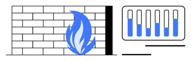 Güvenlik duvarı, ayarlanabilir çubuklu veri arayüzünün yanında tuğla duvar ve mavi alevle sembolize ediliyor. Siber güvenlik, koruma, izleme, kontrol, strateji, ağ, basit iniş sayfası için ideal