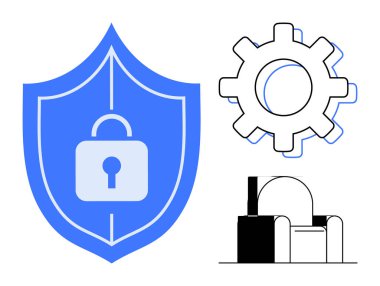 Kilit sembollü mavi kalkan, çark teçhizatı ve siber güvenliği vurgulayan soyut bina taslağı. Teknoloji, yenilik, dijital koruma, mühendislik, yapısal tasarım, ağ için ideal