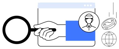 Araştırma, analiz, veri, siber güvenlik, iş dünyası, teknoloji, kimlik basit düz metaforu temsil eden kullanıcı simgesi, madeni para ve küreyle tarayıcı penceresinin üzerinde el ele tutuşan büyüteç