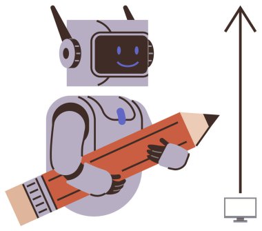 Yukarı bakan bir okun yanında bilgisayarı gösteren bir kalem tutan robot. Teknoloji yeniliği, yaratıcılık, yapay zeka gelişimi, eğitim, yazım, dijital araçlar, basit düz metafor