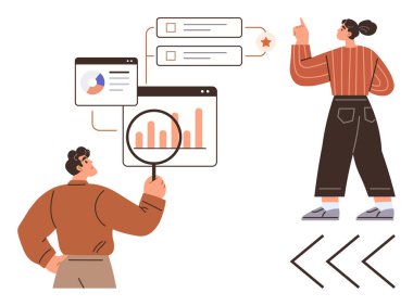 Erkek çizelgeleri büyüteçle incelerken, kadın diyalog kutularına doğru hareket ederek takım çalışmasını geliştiriyor. Veri analizi, işbirliği, geri bildirim, karar verme, iletişim, eğitim için ideal