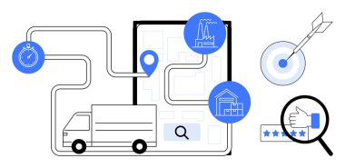Harita, konum kodu, kronometre, fabrika, depo, hedef alma, büyütülmüş inceleme yıldızları taşıyan teslimat kamyonu. Lojistik için ideal, tedarik zinciri dağıtım verimliliği planlama