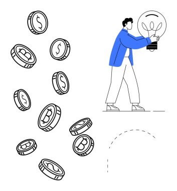 Üzerinde Bitcoin ve dolar bozuklukları olan parlak bir ampul taşıyan biri. Yenilik, finans, kripto para birimi, blok zinciri, yatırım, ekonomi ve yaratıcılık için ideal. Basit düz metafor