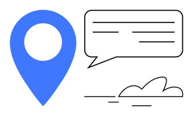 Konuşma baloncuğu ve soyut bulut aksanının yanında mavi lokasyon iğnesi. Haritalar, navigasyon, mesajlaşma, iletişim, teknoloji, fikir paylaşımı, bağlantı için idealdir. Temiz, düz metafor