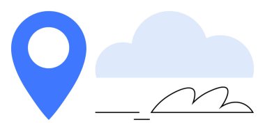 Mavi lokasyon rozeti, en az çizgileri olan bir bulutun yanında. Navigasyon, seyahat, hava durumu güncellemeleri, bulut teknolojisi, GPS hizmetleri, rota planlaması ve bağlantı için ideal. Basit düz metafor