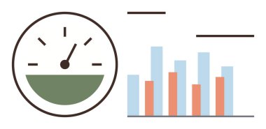 Veri analizi, verimlilik ve performans ölçümleri için mavi ve turuncu çubuklu hız göstergesi. İş, araştırma, izleme, sonuçlar, izleme, büyüme için ideal