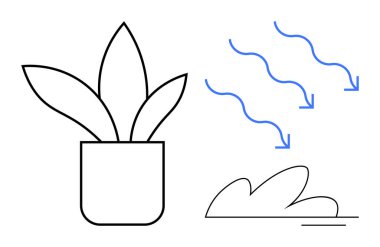 Hava akışı hatlarının yanında saksı bitkisi ve serinleme etkisi gösteren sıcak hava dalgaları. Doğa için ideal, sürdürülebilirlik, kapalı hava gelişimi, yeşil yaşam, havalandırma, enerji verimliliği, basit düz metafor