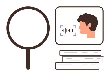 Büyüteç, ekran, yüz ve ses dalgaları, yığınla kitap. Eðitim, yapay zeka, araþtýrma, yenilik, ses teknolojisi, çalýþma araçlarý minimalist düz metafor