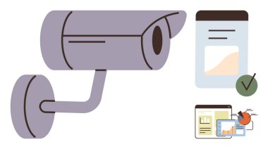 Güvenlik kamerası dijital formlar, analitik çizelgeler ve yeşil işaretle birleştirildi. Güvenlik, uyum, veri yönetimi, onay süreçleri, izleme, gizlilik ve dijital işaretleri simgeliyor.