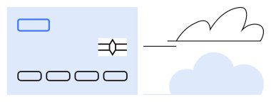Kredi kartı çipi sembolik buluta bağlı, dijital ödemeyi, veri depolamayı ve teknoloji entegrasyonunu temsil ediyor. Finans, güvenlik, yenilik, fintech, bulut hesaplama bağlantıları için ideal