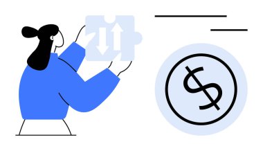 Kadın bulmaca parçalarını bir dolar simgesinin yanına yerleştiriyor, işbirliğini, stratejiyi, liderliği, mali yönetimi, takım planlamasını, problem çözmeyi, iş kararlarını sembolize ediyor