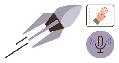 Roket hareket halinde, seçimler için el hareketi, ses komutu için mikrofon simgesi. Teknoloji, otomasyon, yenilik, gelecek potansiyeli, gelişim basitliği bağlantısı için idealdir. Basit düz