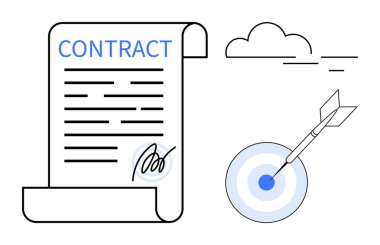 Sözleşme belgesi altta imzalanmış. Hedefin yanında hedef tahtası da var. Başarı, anlaşma, ortaklık, kesinlik, başarı, iş ve vizyon için idealdir. Basit bir düz metafor.