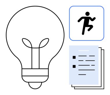 Ampul yeniliği taşır, kontrol listesi planı temsil eder ve çalışan figür eylemi simgeler. Yaratıcılık, iş akışı, üretkenlik, fikir üretimi, büyüme yenilik ekip çalışması için idealdir. Basit.