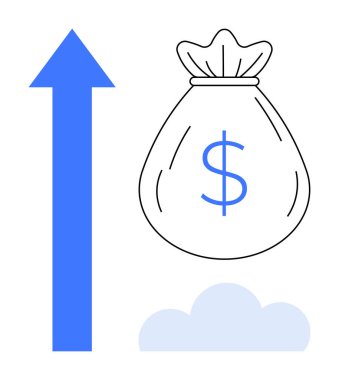 Dolar işaretli para çuvalı, gelişimi simgeleyen yukarı ok ve bulut motifi. Finansal başarı, kâr, yatırım, ekonomik büyüme, tasarruf, zenginlik yaratmak için ideal düz metafor