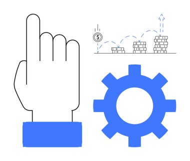 El kaldırma, vites ve madeni paralar etkileşim, otomasyon, finans, büyüme, yenilik planlaması ve karar verme mekanizmasını vurguluyor. Üretkenlik iş stratejisi ve teknoloji temaları için ideal. A