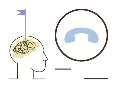 Mavi bir telefon ahizesine bakan karmaşık beyin hatları olan bir insan kafası. Zihinsel sağlık, iletişim, kafa karışıklığı, stres, sorun çözme, farkındalık, öz farkındalık, basit düz metafor için ideal