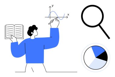 Grafik çizerken, grafik çizerken, pasta grafiği çizerken, büyüteç çizerken kitap okuyan bir adam. Eğitim, araştırma, veri analizi, öğrenme, iş stratejisi bilimsel çalışma için idealdir. Basit düz