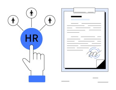 İmzalı sözleşme kağıtlarının yanı sıra, takım sembollerine bağlı insan kaynakları simgesine el ile dokunmak. Personel alımı, işe alım, insan kaynakları analizleri, istihdam, belgeler, işbirliği kurumsal politikaları için idealdir. Basit.