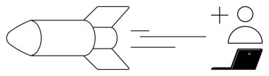 Roket, dizüstü bilgisayarda bir kullanıcı simgesi eşliğinde iz çizgileriyle ileri doğru hızla ilerliyor, üretkenliği, başarıyı, fütüristik fikirleri, çevrimiçi teknolojiyi, yeniliği, iş büyümesini, basit bir daireyi temsil ediyor