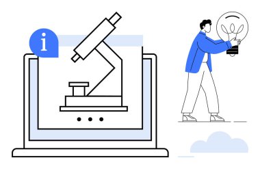 Bir dizüstü bilgisayarda mikroskop görüntülendi ve yeniliği temsil eden bir ampul taşıyan bir kişi. Bilim, araştırma, eğitim, teknoloji, keşif, yaratıcılık, ilham, basit daire