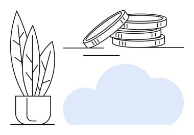 Saksı bitkisi, katmanlı madeni paralar ve büyüme, tasarruf ve çevrimiçi erişimi ima eden dijital bir bulut. Büyüme, finans, bulut depolama çevresi yatırım sürdürülebilirlik bağlantısı için ideal. Basit.