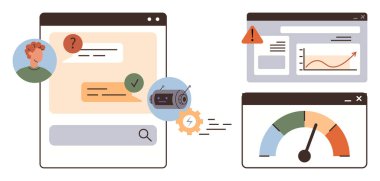 Yapay zeka motoru ile kullanıcı sorgulamalarına yardımcı olan dijital sohbet robotu, gösterge paneli görselleri, bildirimler ve performans ölçer eşliğinde. Yapay zeka iletişimi, teknoloji, kullanıcı etkileşimi, analitik için ideal