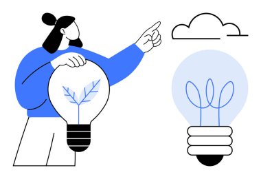 Çevre dostu ampulü elinde tutan kişi büyüyen bitkiyle bulutlara doğru hareket ediyor. Sürdürülebilirlik, yenilik, yenilenebilir enerji, yaratıcılık, hedef belirleme, doğa, çevre temaları için ideal