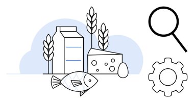 Süt kutusu, peynir bloğu, balık, buğday sapı, büyüteç ve gıda üretimini, güvenliğini ve denetimi sembolize eden teçhizat. Tarım denetimi için ideal gıda güvenliği üretim araştırması