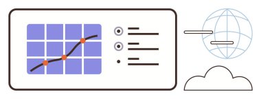 Veri noktalarıyla gösterge panelinde çizgi grafiği, küresel bağlantı için dünya ve bulut. Veri analizi, bağlantı, bulut teknolojisi, iş dünyası, küresel ağ, modern teknoloji yeniliği için ideal