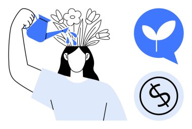 Büyüme ve finans için ikonların yanında büyüyen kişi, kafasından çiçekleri sular. Yaratıcılık, kendini geliştirme, motivasyon, kişisel gelişim, farkındalık, başarı, eğitim için idealdir. Basit.