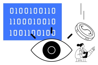 İkili kod paneli, göz sembolü, yüzen para ve profesyonel bir araştırmacı. Veri analizi, siber güvenlik, vizyon, yenilik bilimi ve araştırma için ideal. Basit düz metafor