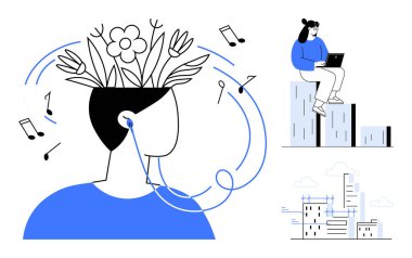 Zihninde çiçek açan bir kişi kulaklık takıyor, müzik notaları takıyor, dizüstü bilgisayar üzerinde çalışan bir kız, şehir manzarası. Yaratıcılık, rahatlama, iş-yaşam dengesi, farkındalık için ideal