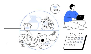 Biyolojik etiket, organik meyve, sebze ve haftalık takvimle çevrili bir dizüstü bilgisayar kullanan kişi. Beslenme, sağlıklı yaşam, yemek hazırlama, çevreci yaşam tarzı, diyet planlaması için ideal