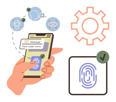 Şifresi, parmak izi taraması ve yüz tanıma ikonlarıyla el ele tutuşan akıllı telefon. Vites gösterimi ayarları. Güvenlik, teknoloji, dijital kimlik, gizlilik, kimlik denetimi için ideal