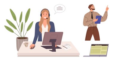 Kadın kulaklık ve bilgisayar kullanarak iletişim kurarken, erkek de pano ile ortaya çıkıyor. Saksı bitkisi dekor katıyor. Müşteri hizmetleri için ideal, çevrimiçi öğrenim, takım çalışması, iletişim, danışma, iş