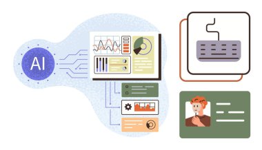 Çizelgeler, grafikler ve gösterge panelleri ile yapay zeka işlemleri, insan profiline ve kodlamaya bağlanıyor. Yapay zeka, makine öğrenimi, veri görselleştirme, otomasyon, yenilik teknolojisi için ideal basit düz metafor