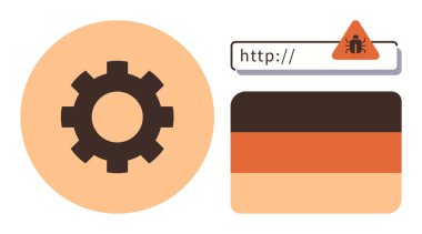 Dişli simgesi bir URL çubuğu ve gradyan renkleri üzerinde bir hata uyarısı ile eşleştirildi. Siber güvenlik, web uyarıları, tehditler, kötü amaçlı yazılımlar, çevrimiçi güvenlik, bilişim bakımı, basit düz metafor