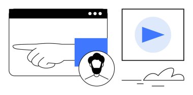Bir video arayüzü, kullanıcı profili portresi ve soyut öğeler içindeki mavi bir çalma tuşuna işaret ediyor. Medya etkileşimi, kullanıcı bağlılığı, özel dersler, yayın, UI kavramları, multimedya için ideal