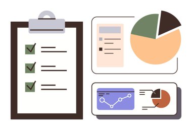 Görev listesi, pasta grafikleri ve gösterge panelindeki çizgi grafiği planlama, analitik ve verimliliği iletir. Yönetim, veri analizi, raporlama, strateji izleme hedefleri için ideal düz metafor