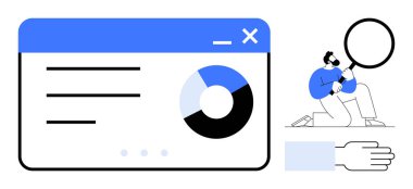 Pasta grafiğini gösteren tarayıcı penceresi ve ayrıntıları büyüteçle inceleyen kişinin yanında metin. Analiz, araştırma, teftiş, hassasiyet, odaklanma, iş ve teknoloji için ideal. Basit.
