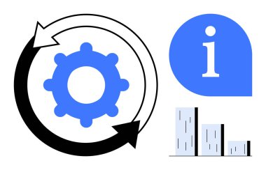 Dairesel bir okun içindeki dişli, süreç gelişimini gösterir. Mavi bilgi balonu ve bar grafiği analitik ve veri yorumlamasını gösteriyor. Takım çalışması, üretkenlik, bilgi paylaşımı, iş akışı için ideal