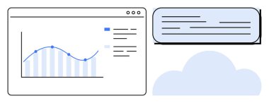 Grafik izleme büyüme eğilimleri, metin balonu ve bulutun yanında dijital bir gösterge panelinde gösteriliyor. Veri analizi, bulut hesaplama, iletişim, iş, istatistik, teknoloji, bilişim hizmetleri için ideal
