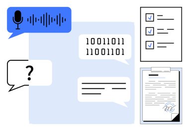 Ses dalgalı mikrofon, soru içeren konuşma balonu, ikili kod, belge, kontrol listesi. İletişim için ideal, Al, konuşma metni, kodlama otomasyon teknolojisi basit düz metafor öğrenme